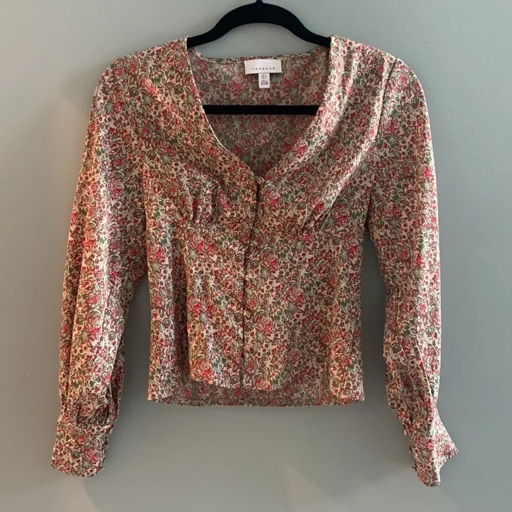 TOPSHOP Floral Cottagecore Victorian Button Up Corset Cropped Blouse Size 2 - Picture 2 of 7
